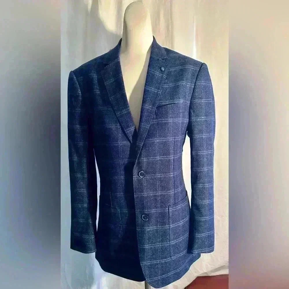 7 Diamonds Navy Blue Windowpane Sport Coat Blazer
